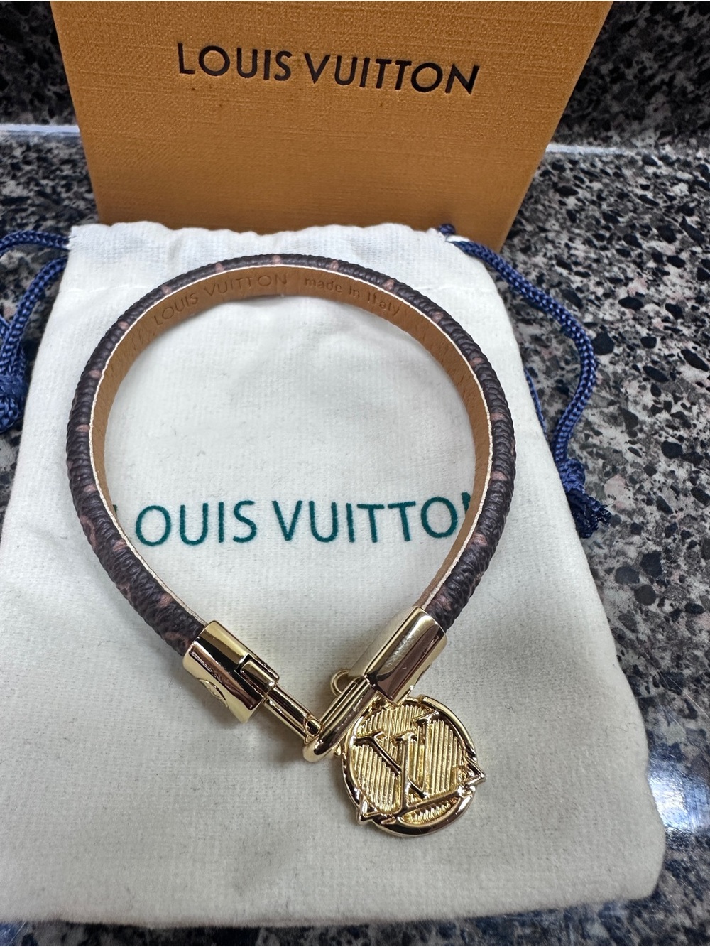 Louis Vuitton Brown Leather Bracelet with Gold LV Charm - Picture 3 of 12